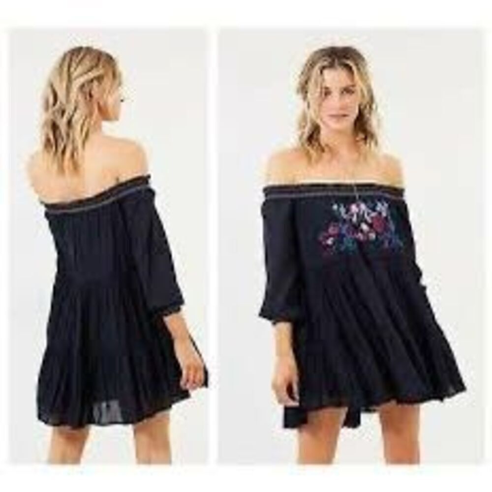 Free People Sunbeam Mini Dress Smocked Embroidered Long Sleeve‎ Black Multi XS